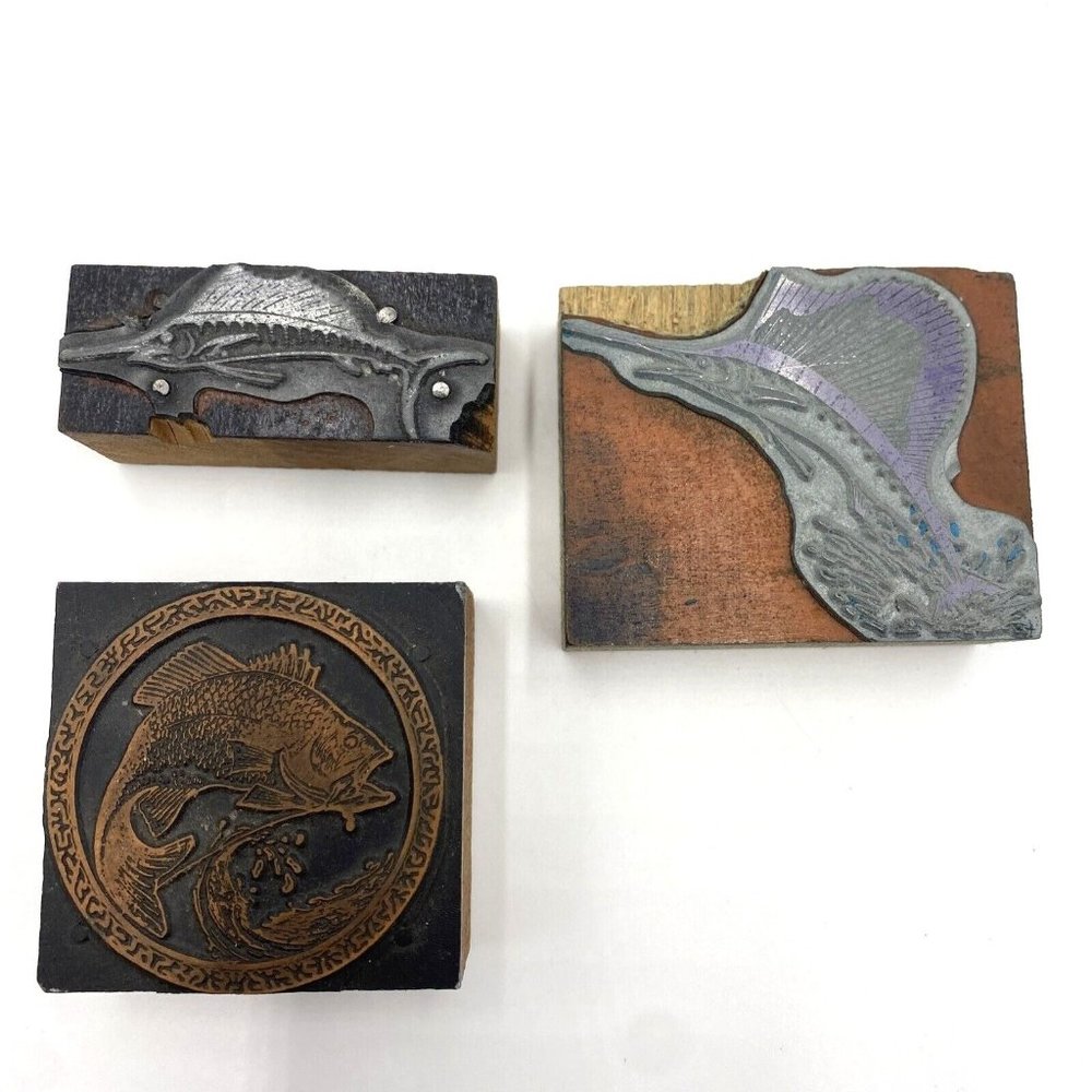 Wooden Metal Block Printing Stamps Fish Fossil Set 3, Primitive, Bass, Spearfish